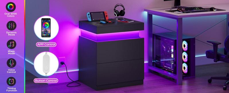 Sikaic Nightstand with Sliding Top and 2 Drawers Modern Bedside Table with LED Lights and Charging Station