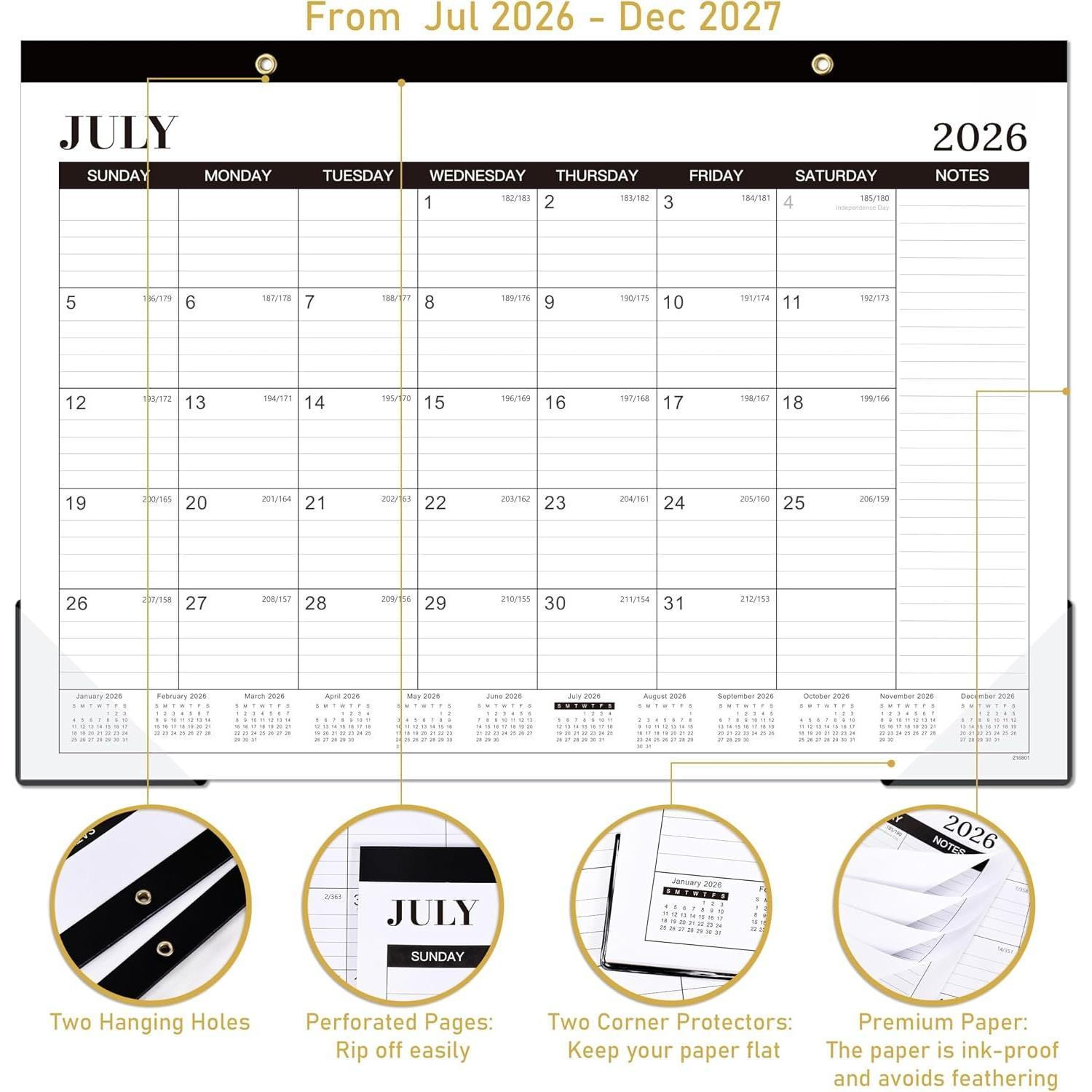 2026-2027 Desk Calendar, Jul.2026 - Dec.2027, 16.8" x 12" | Thick Paper, Desk Calendar 2026-2027/Wall Calendar 2-in-1 with Corner Protectors, Large Ruled Blocks - Classic Black