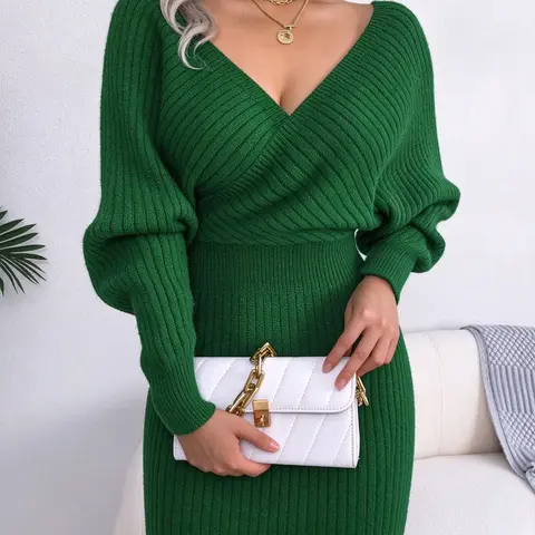 Women's Plain Solid Wrapped V Neck Leg-of-mutton Sleeve Sweater Dress, Slim-fit Long Sleeve Bodycon Jumper Dress, Womenswear