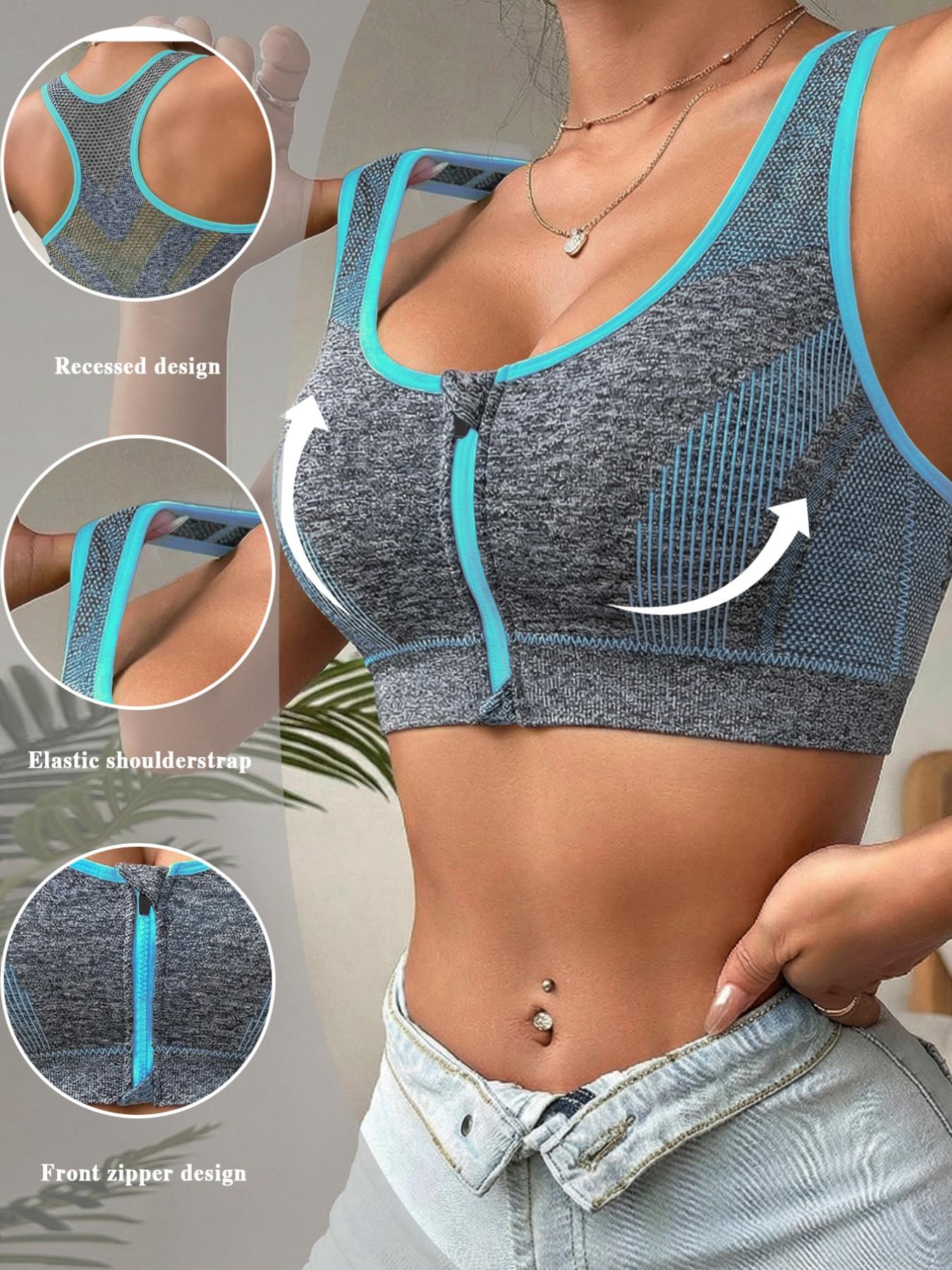 Women's Plus Size Front Zip Sports Bra, High Impact Push Up Wireless Bra, Breathable Mesh Racerback Workout Yoga Bra for Gym Fitness Running Women Workout Clothes