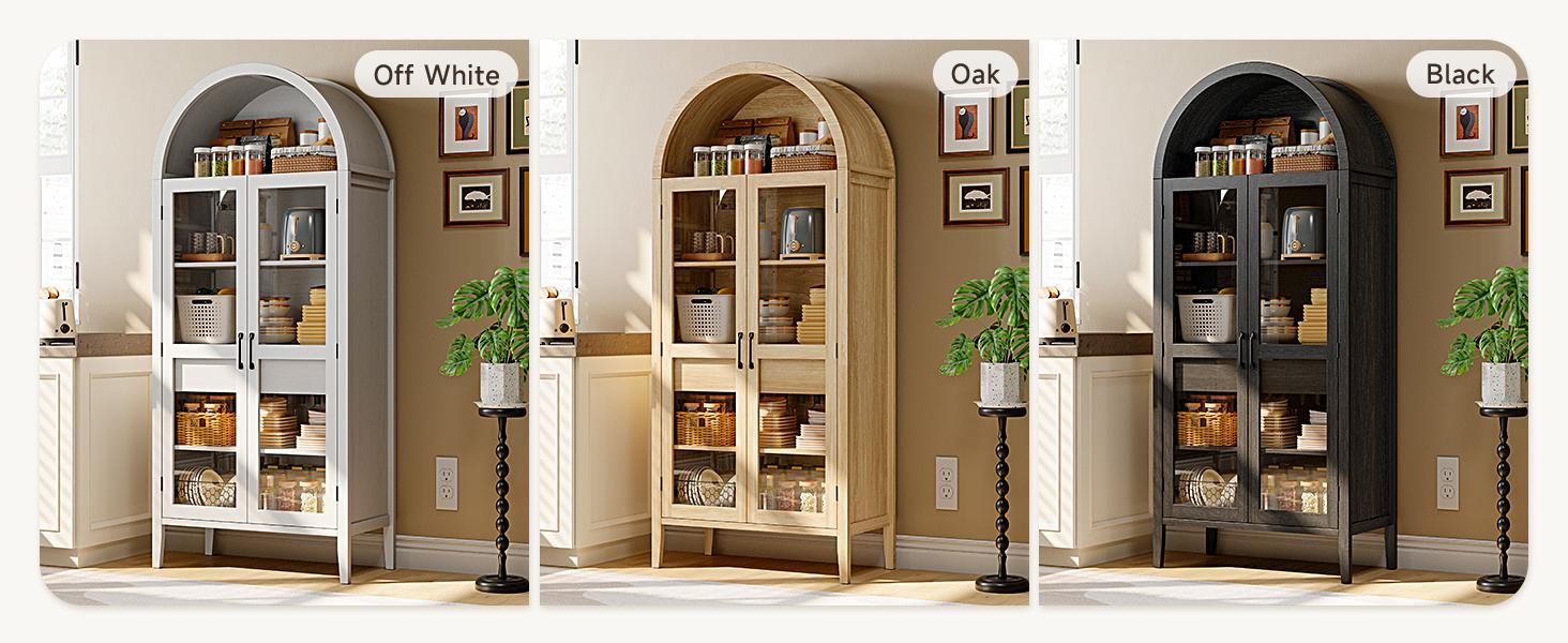 【SPOTLIGHT DAY】ONBRILL 71" Tall Arched Cabinet, 5-Tier Arched Kitchen Pantry with Glass Doors & Drawer, Modern Display Pantry Cabinets with Adjustable Feet, Wooden Pantry for Kitchen, Living Room Furniture, Dining Room Furniture