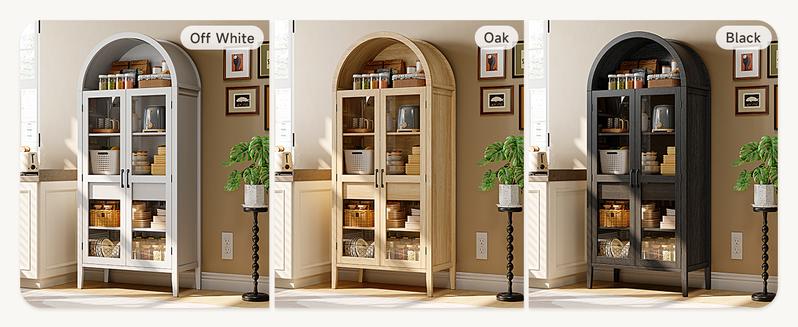 【Valentine's Day gift】ONBRILL 71" Tall Arched Cabinet, 5-Tier Arched Kitchen Pantry with Glass Doors & Drawer, Modern Display Pantry Cabinets with Adjustable Feet, Wooden Pantry for Kitchen, Living Room Furniture, Dining Room Furniture