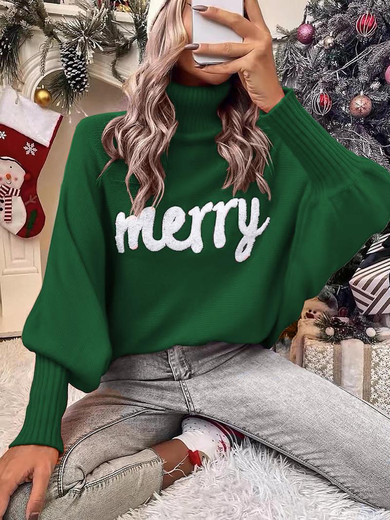 Women's Letter Pattern Batwing Sleeve Turtleneck Sweater, Casual Long Sleeve Jumper for Fall & Winter, Fashion Ladies' Knitwear for Daily Wear