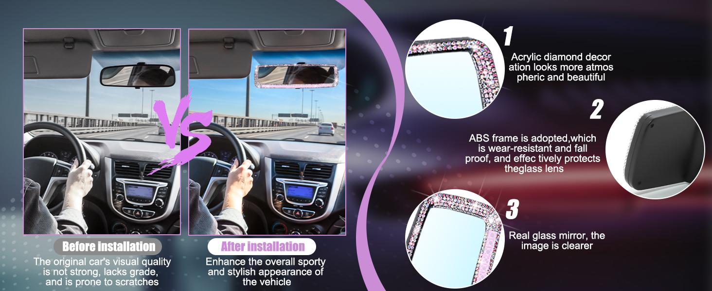 JOKG Car Rearview Mirror, Decorations Rear View Mirror with Crystal Rhinestones & Diamonds, Car Interior Trim Accessories, Clip-on & HD Glass, Sparkly Gift for Mother Women Girls (Silver)