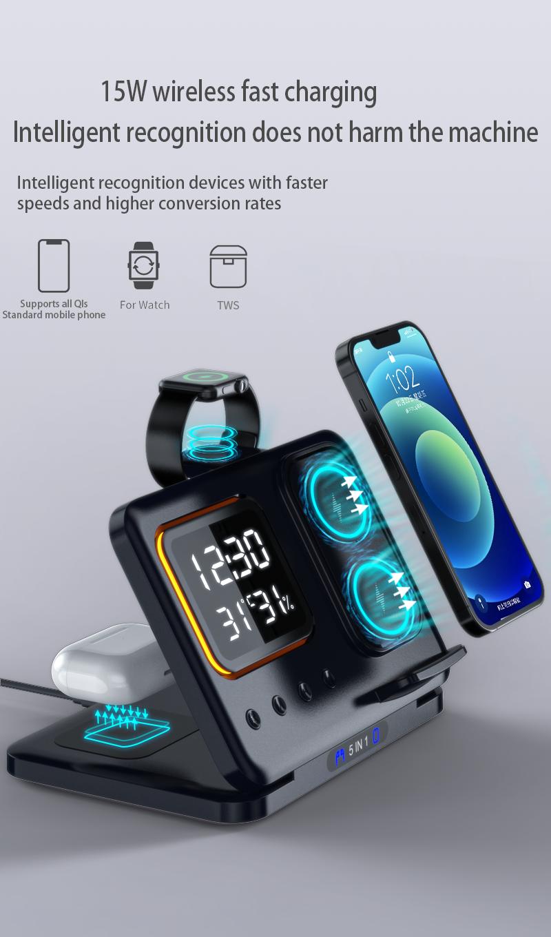 Wireless charger with three in one and three levels dimming  multifunctional clock and night light  foldable for use with Apple phone watch stand and base