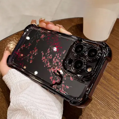 Electroplated Four Corner Anti-Fall Cherry Blossom Flower Pattern Phone Case for iPhone 17 Air 16 Pro Max 15 Plus 14 13 12 11 Shockproof Transparent Protective Cover.HMA43