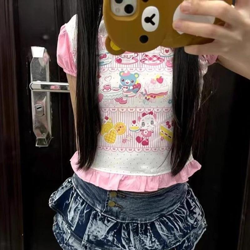 Summer Woman T Shirts Japanese Pink Tees O-neck Short Sleeve Camisetas Anime Print Cute Tshirts  Tops Cartoon Sweet T-shirt