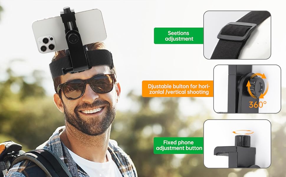 Hands-Free Head Strap Mount for First Person POV Vlogging Equipment, Adjustable Metal Smartphone-Cellphone Holder with Anti-Slip Surface, Outdoor Landscape Streaming Shooting Accessories