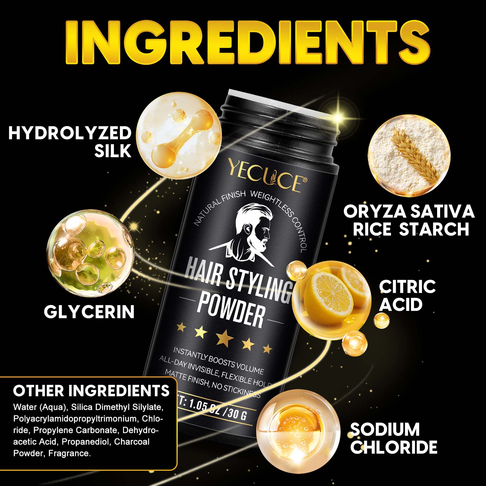 Yecuce Men's Hair Styling Powder 30g, Volumizing Powder, Matte Finish, Natural Look, Enhances Dry Hair Texture, Perfect for Pompadour Style