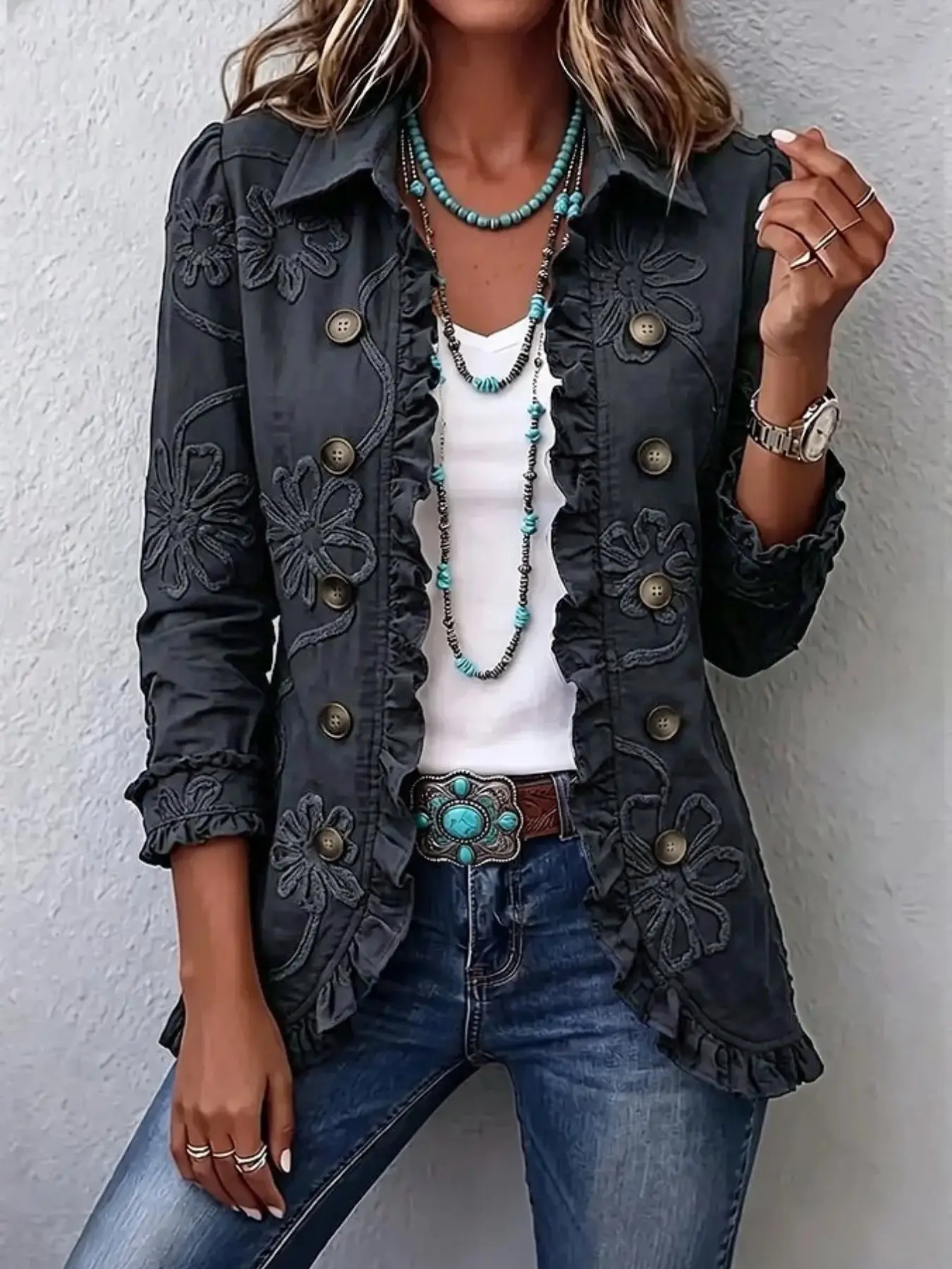 2026 European and American Style Ruffled Hem Short Jacket, Lapel Double Button, Slim Fit Digital Print Coat, Fashion Outerwear