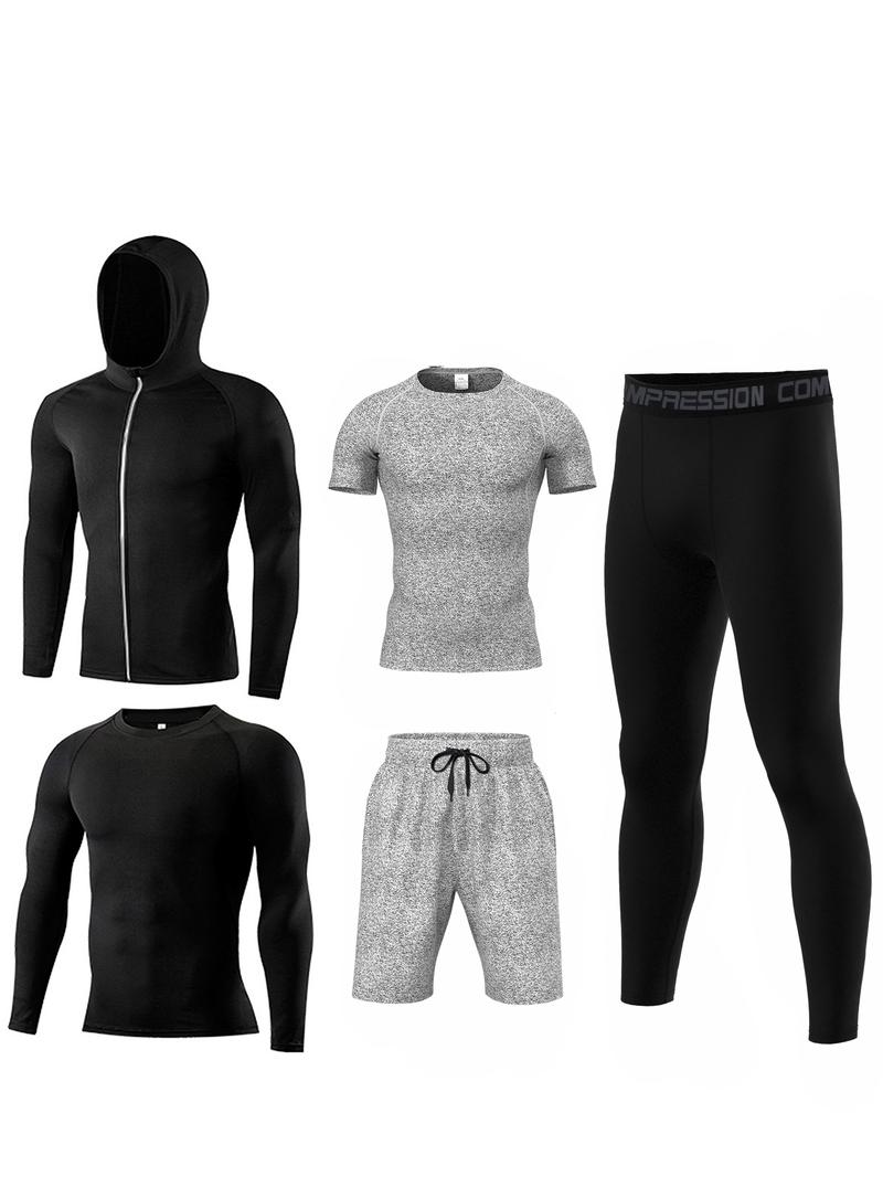 Men's Solid Tracksuit Set, Sporty Zipper Hooded Jacket & Top & Short Sleeve Tee & Letter Tape Waist Leggings & Drawstring Shorts, Casual Summer Outfits