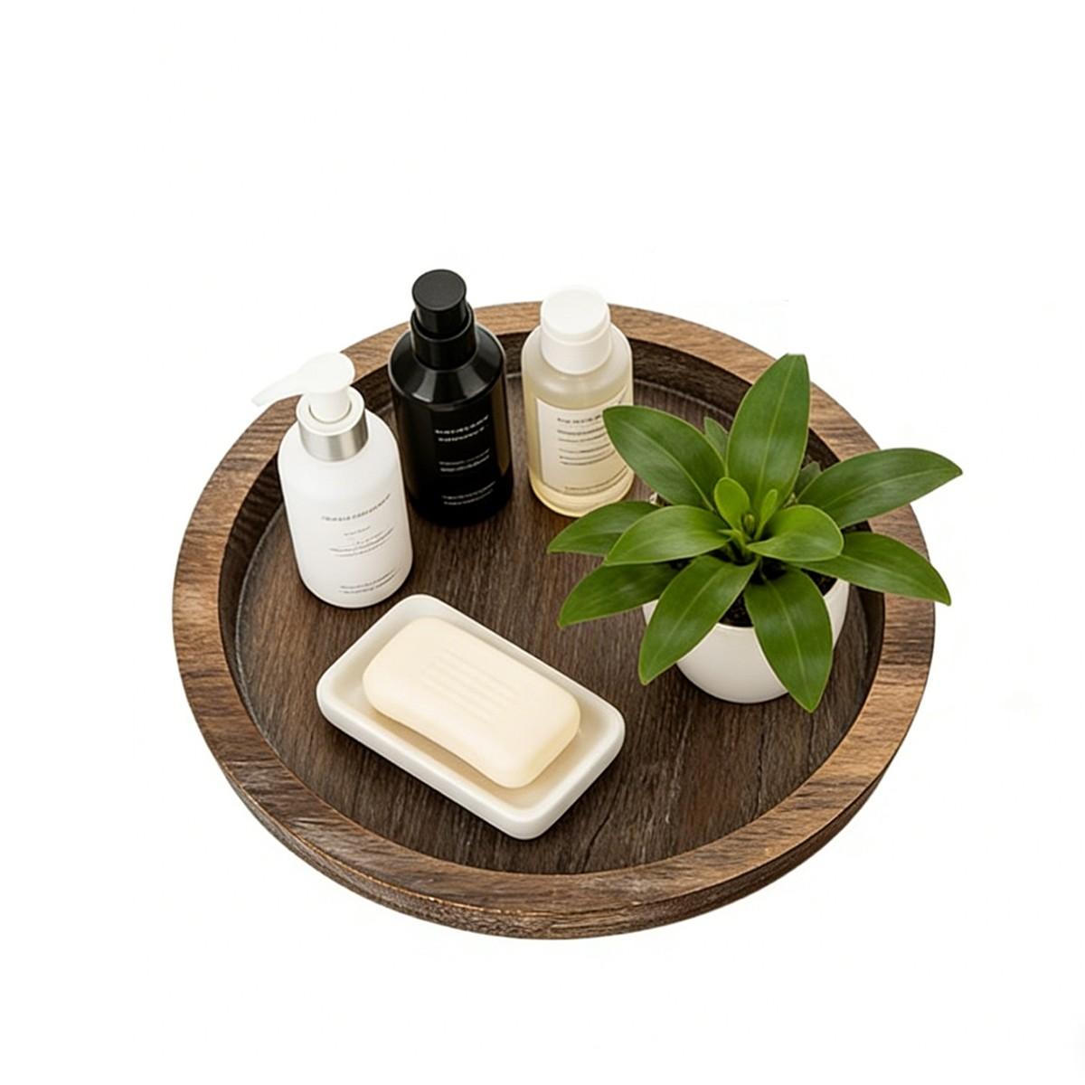 Multifunctional Wooden Tray, Decorative Round Jewelry Storage Tray for Bathroom Vanity, Rustic Farmhouse Coffee Table Decoration