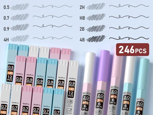 Nicpro 45 Pack Aesthetic School Supplies with Big Capacity Pen Case, Pastel Mechanical Pencils 0.5, 0.7, 0.9, 2mm with 24 Tube Lead Refills(4B 2B HB 2H 4H COLORS) Erasers for Student Writing Drawing