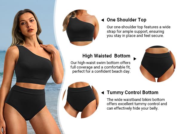Holipick Women One Shoulder High Waisted Bikini Sets Two Piece Swimsuit Tummy Control Bathing Suit Full Coverage Swimwear