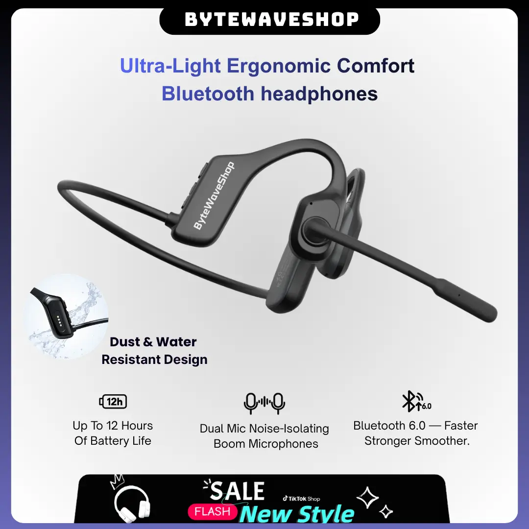 ByteWaveShop Open Ear Air Conduction Earbuds, Bluetooth 6.0 Wireless Headphones with Dual Microphone Noise Cancelling, IPX5 Waterproof Sweat Resistant Sports Headset, Lightweight Adjustable Hands-Free Earbuds with Mic, 2H Fast Charging for Running Workout