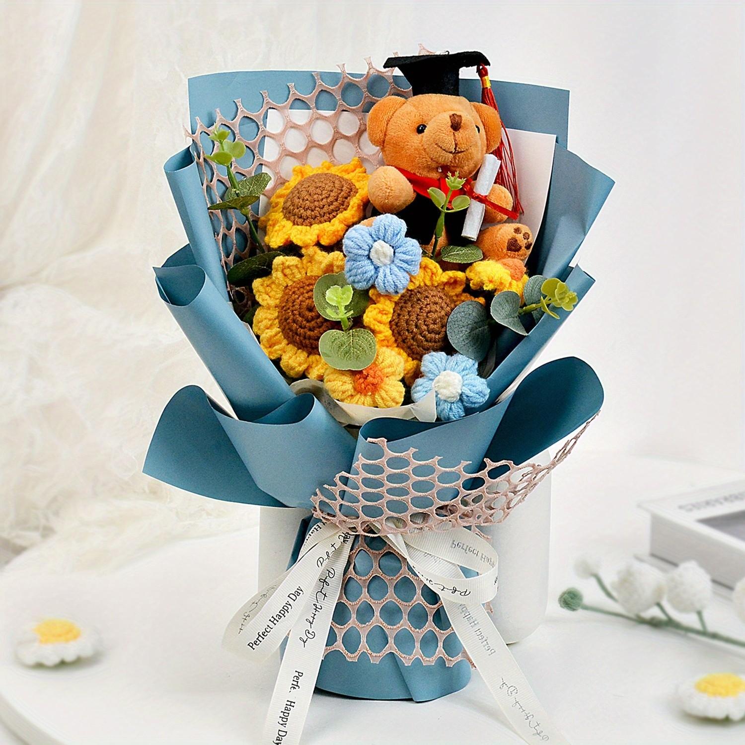 Crochet Flower Bouquet Set with Plush Bear and Gift Bag, Ideal for Graduation Gifts, Teacher's Day, Sunflowers and Daisies, Year-Round Decor