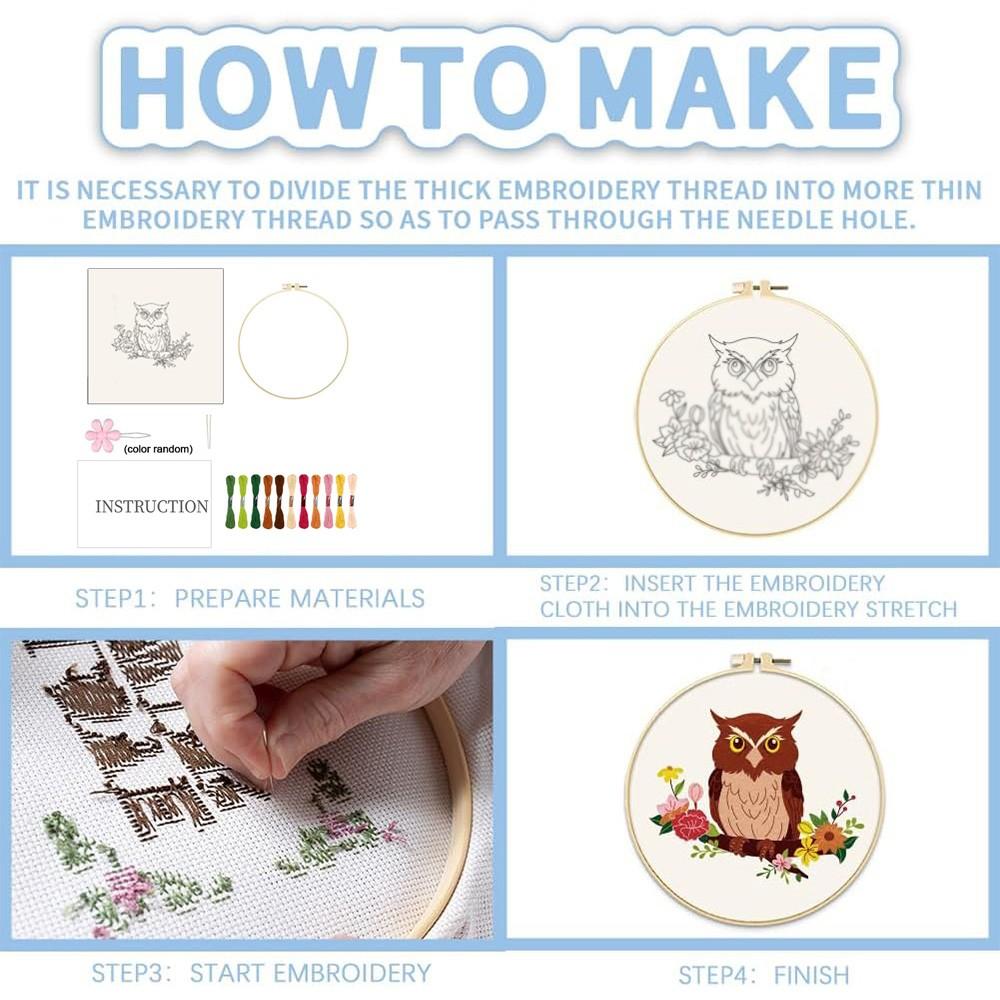 Animal Theme Embroidery Kit for Beginners, Owl Pattern Hand Sewing Set, Includes Fabric, Threads, Tools, Hoop, Instructions, Home Decor, Gift