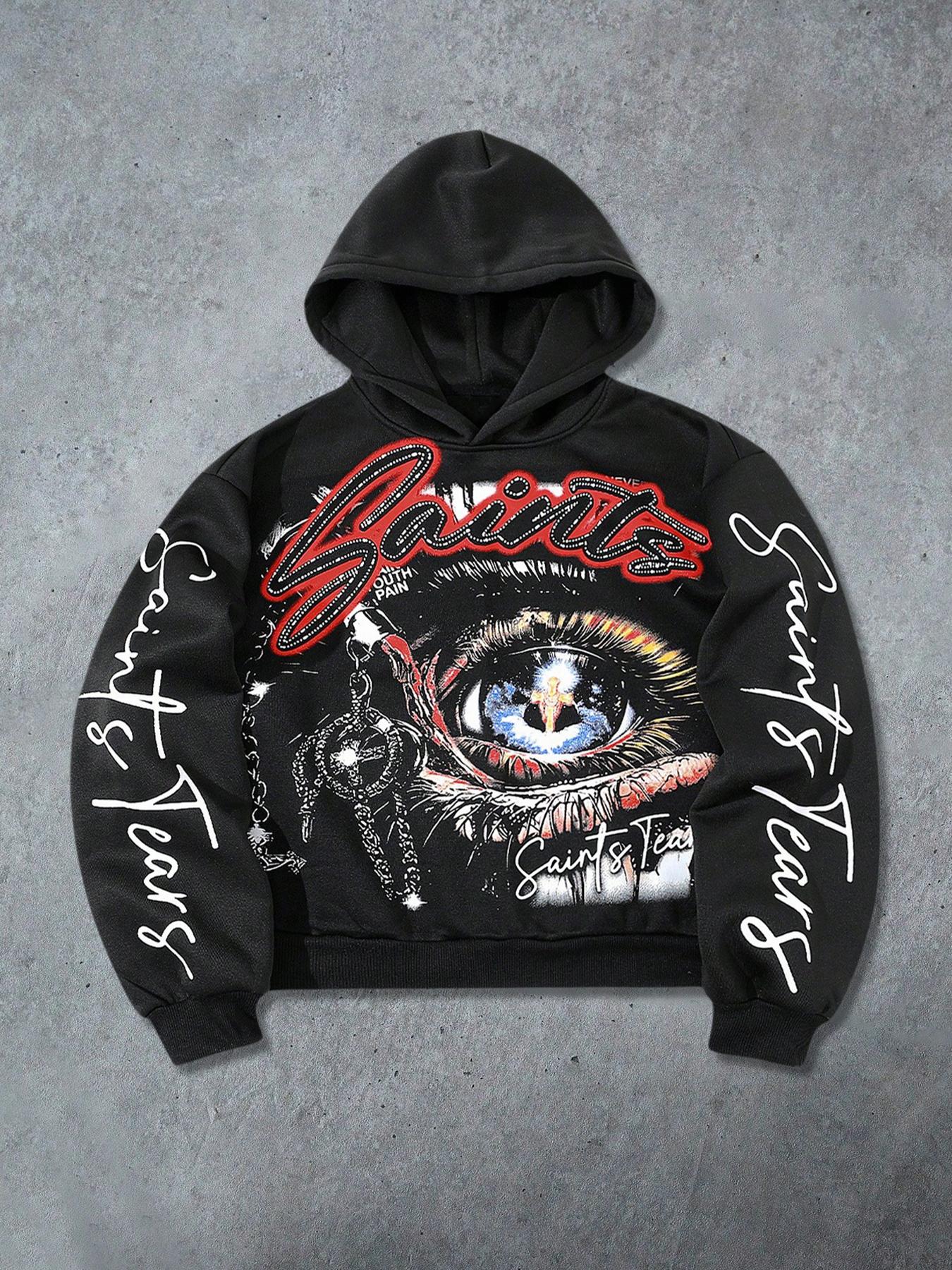 Men's Hooded Sweatshirt Autumn Winter Street Style American Fashion Eye Element English Pattern Print Short Hoodie Casual Streetwear Sweatshirt