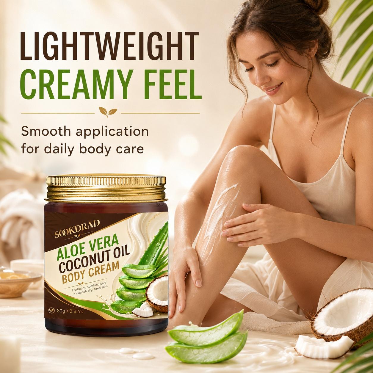 Aloe Vera Coconut Oil Body Cream, Hydrating, Soothing, Nourishing, Suitable for dry tired skin, 80g/2.82oz, Hydrating Body Care