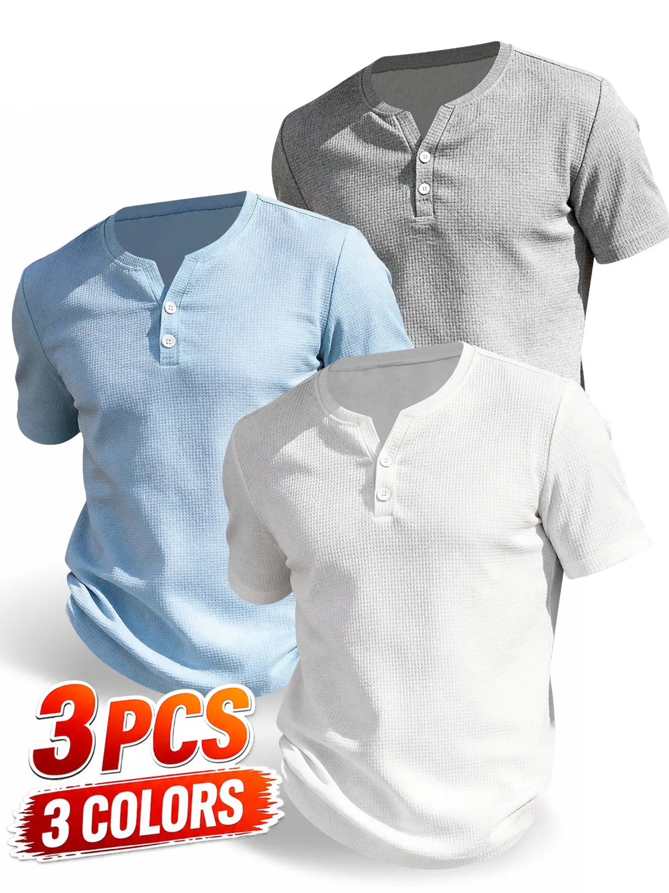 3pcs Men’s Waffle Knit Henley Shirt, Textured 2-Button Casual T-Shirt, Lightweight Breathable Summer Top, Slim-Fitting Long Sleeve