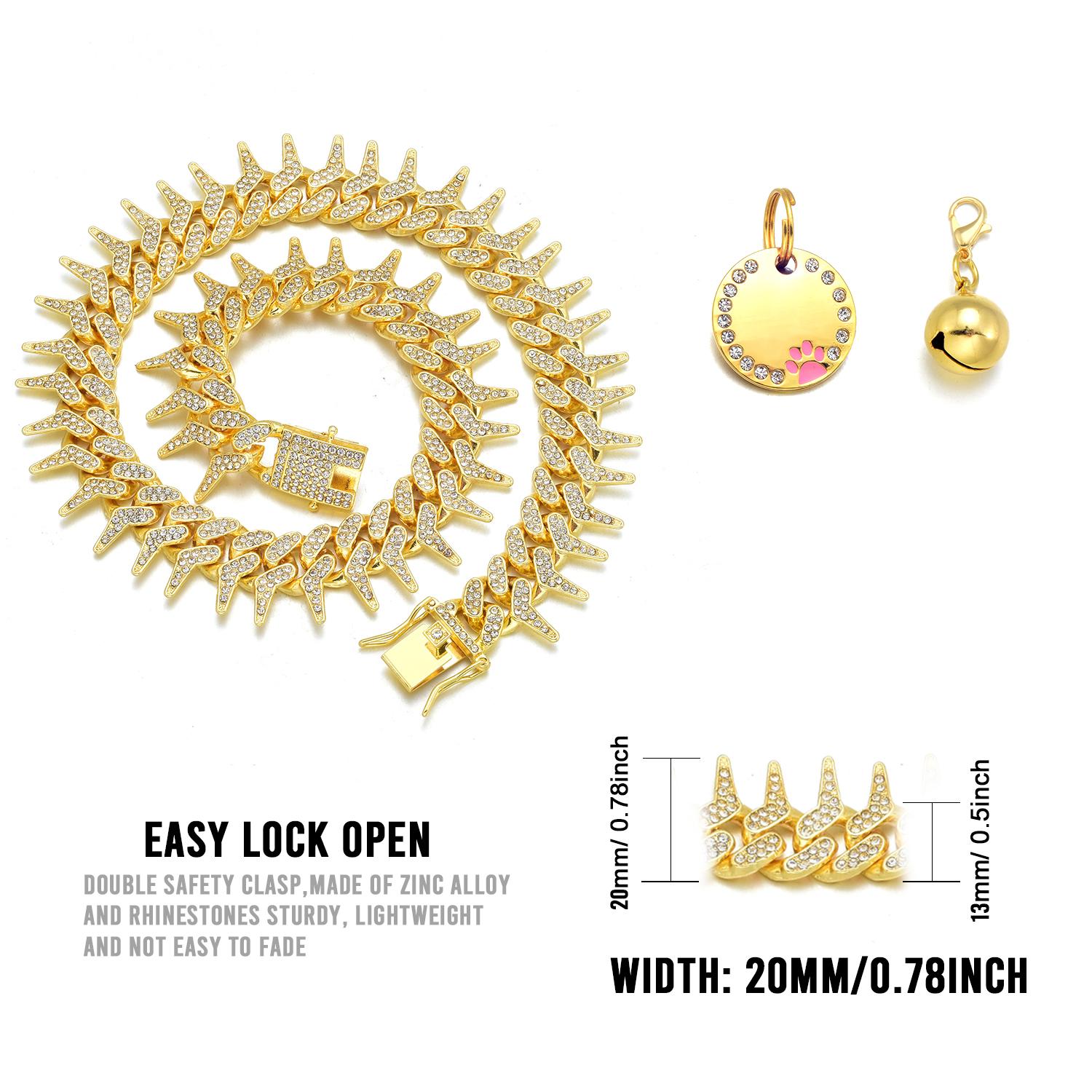 Rivet Cuban Link Dog Collar 13mm Gold Chain Dog Cat Collar with Design Secure Buckle Bling CZ Diamond Chain Dog Collars for Small Medium Large Dogs with Name Plate and Bell