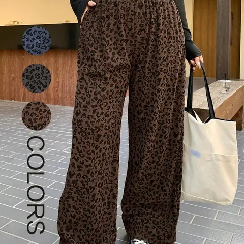 Plus Size Women's Elastic Waist Corduroy Leopard Print Loose Fit Baggy Pants, Coffee, All Seasons, Back-To-School, Casual Date Long Pants