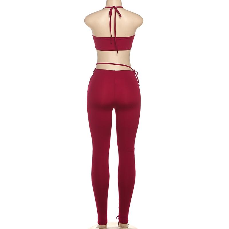 DOUCIU Trendy Personality High Street Hip Hop Cool Tight Sexy Hot Versatile Women'S Thin Solid Color Vest With Adjustable Drawstring Perforated Trousers Two-piece Set Stretchy Outfit Sets