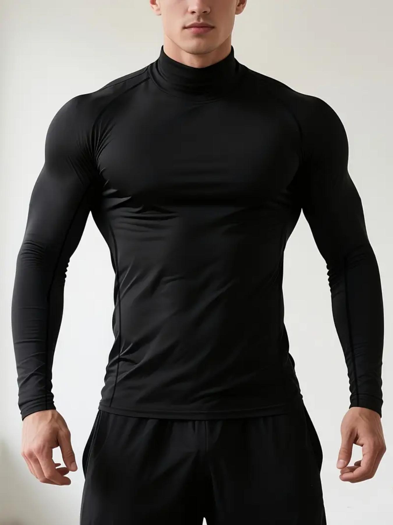 Men's Quick-Dry Stretch Fitness Shirt - High Neck Long Sleeve Workout Top, Moisture-Wicking Tight-Fit Gym & Boxing Shirt with Stretchy Fabric for All Seasons, Athletic Performance Apparel, Sporty Activewear Top, Gym Clothes, Compression Sports Top