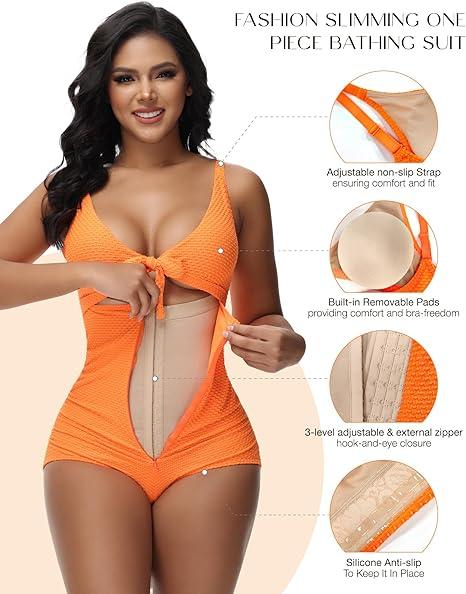 M MYODRESS Women Tummy Control Swimsuit Butt Lifting Bodysuit Sleeveless Swim Shapewear One Piece Slimming Bathing Suit  Tie Knot Front Push Up Swimwear
