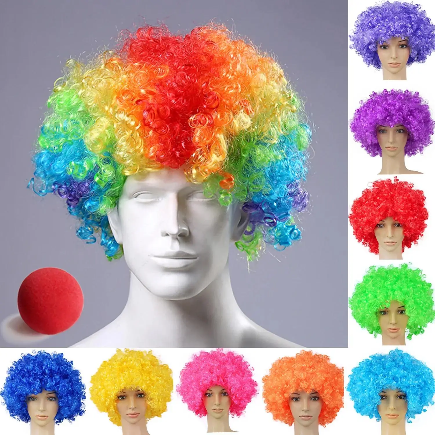 Colorsful Clown Wig Afro Curly Synthetic Wig Cosplay for Men Women Mardi Gras Party Wig Red Green Yellow Blue Wig Clown Nose