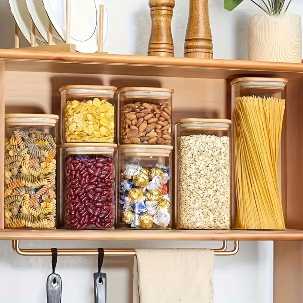 Square Glass Sealed Jars Set, Kitchen Organizer with Bamboo Lids, Multi-Capacity Storage Containers, Food Storage Jar, Coffee Spice Candy Pasta Decor