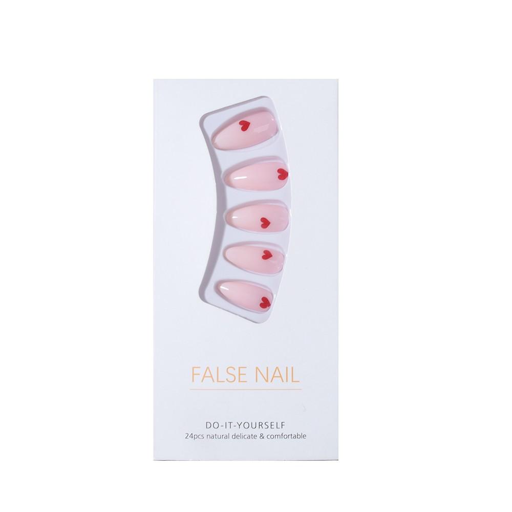 24pcs Clear Nude Gradient Base Color Nail Polish, Hand Drawn Heart Design, Almond Shape Medium Length Glossy Finish