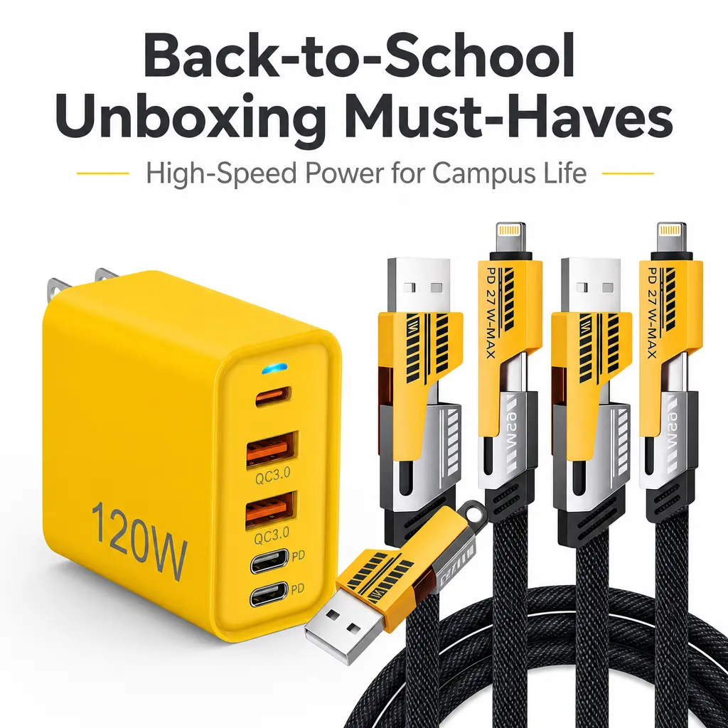 2pcs Multi‑port USB‑C/USB‑A fast‑charging power adapter, paired with a 5‑foot 4‑in‑1 USB‑C fast‑charging data cable. Back‑to‑school season, back‑to‑school, back‑to‑school season unboxing must‑haves