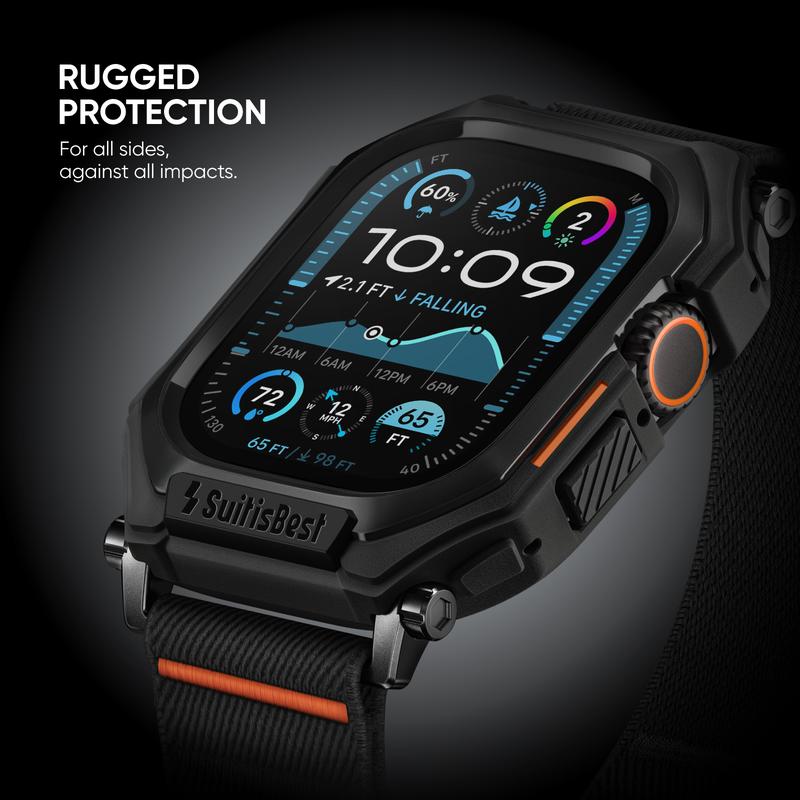 Rugged Case with Band for Apple Watch Ultra 49mm 46mm 45mm 44mm, [For 145-210mm wrists] Stretchy Nylon Solo Loop with Protective Cover TPU Bumper for iWatch Ultra Series 11 10 9 8 7 6 5 4 SE