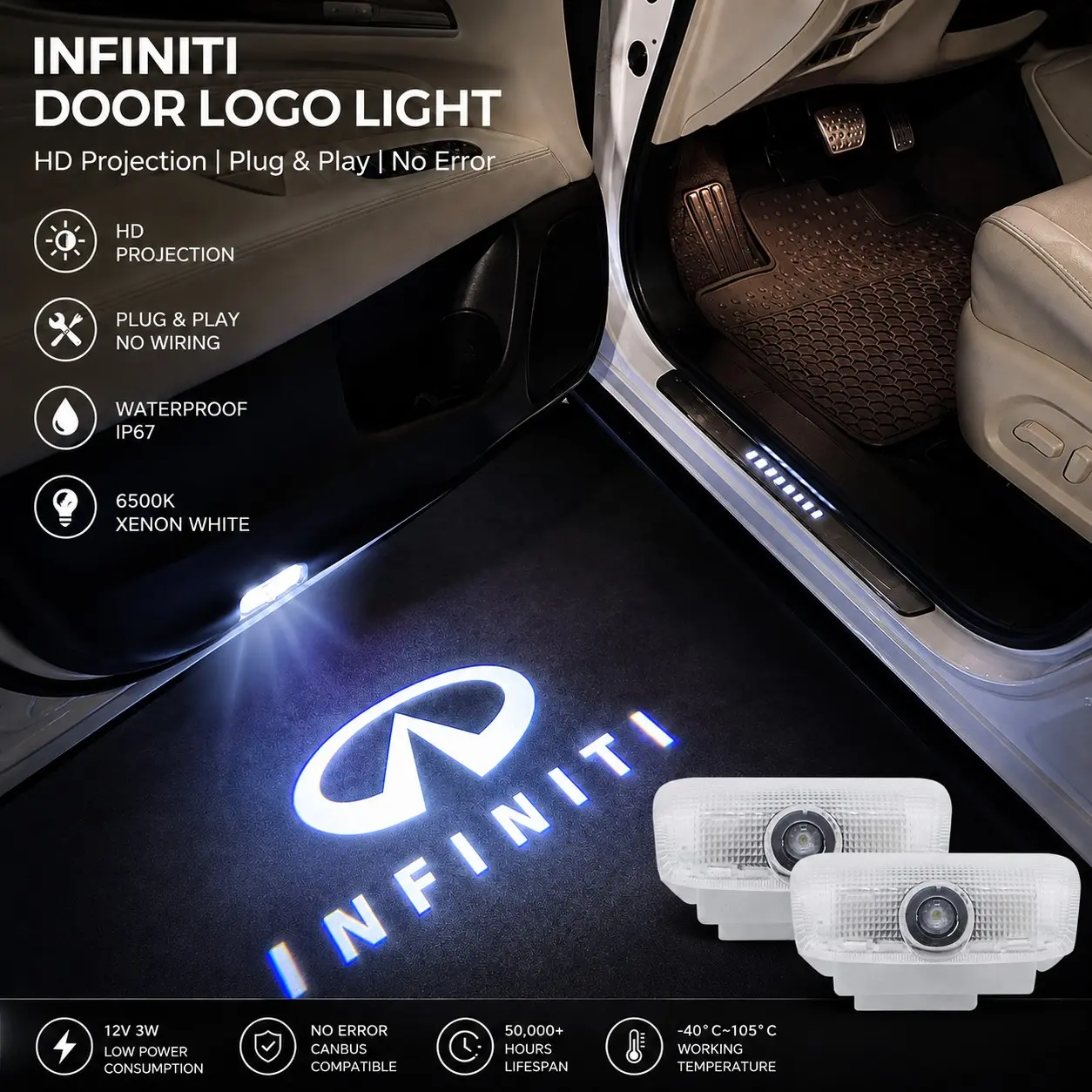 2-Pack LED Interior Logo Lights, Led Lights For Car, Car Door Welcome Puddle Lights, Compatible with Infiniti EX/M/FX/G/Q/QX Series, 6500K Super White, No Error Codes, Plug-and-Play, High-Brightness CREE Chips, Aluminum Alloy, Car LED Light