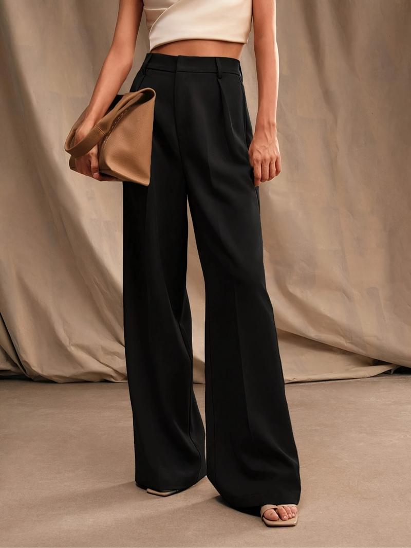 Women's Solid Color Wide Leg Pants, Elegant Fashion Casual Trousers for Work Office Business, Ladies Bottoms for All Seasons