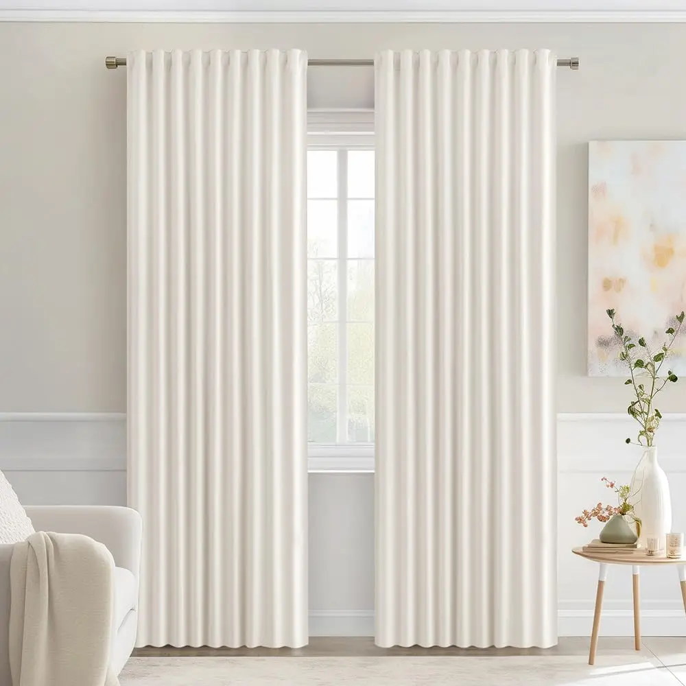 Ivory Back Tab Blackout Curtains 52x90 Inch Long 2 Panels Set| Rod Pleated, Thermal, Room Darkening, Light Blocking, Privacy Curtains for Living Room Bedroom