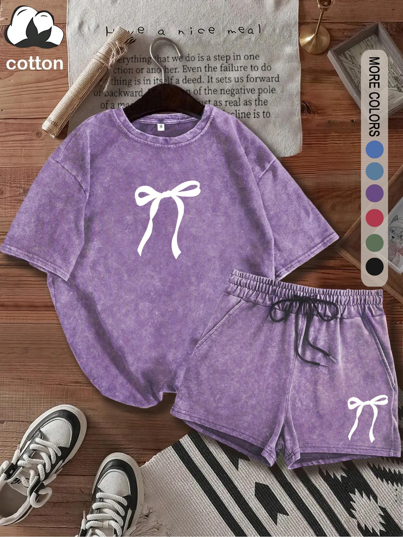 Women's Two-Piece Set, Bow Print Short Sleeve Tee & Shorts Outfit, Casual Round Neck T-Shirt & Shorts for Daily Wear, Suits, Fashion Clothing Set