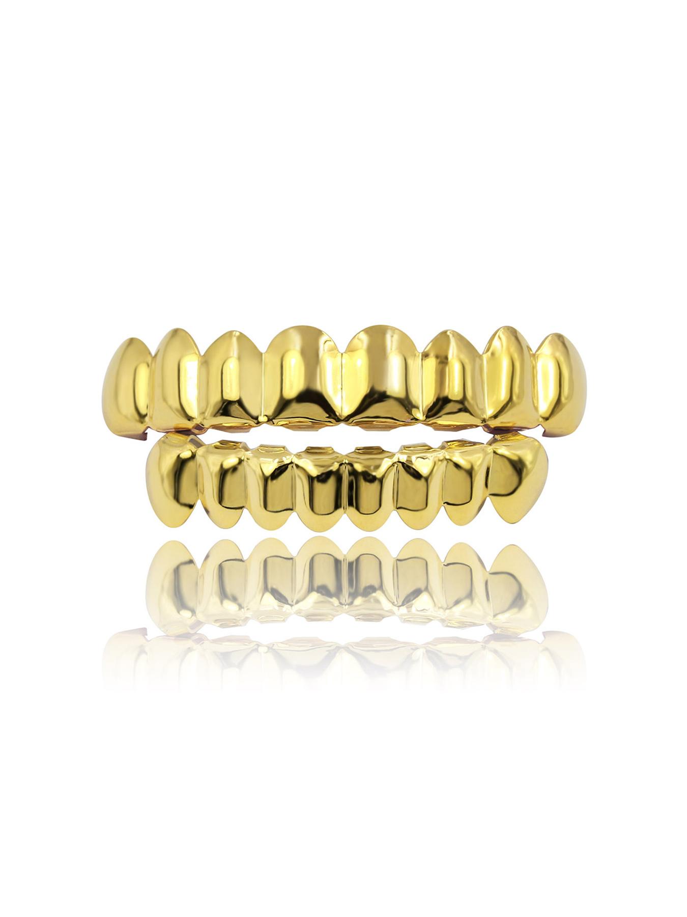 Two-Piece Full Mouth Polished Silver Gold Eight-Tooth Grillz, 14k Gold Plated Copper, Hip-Hop Style, Party, Music Festival, Gift