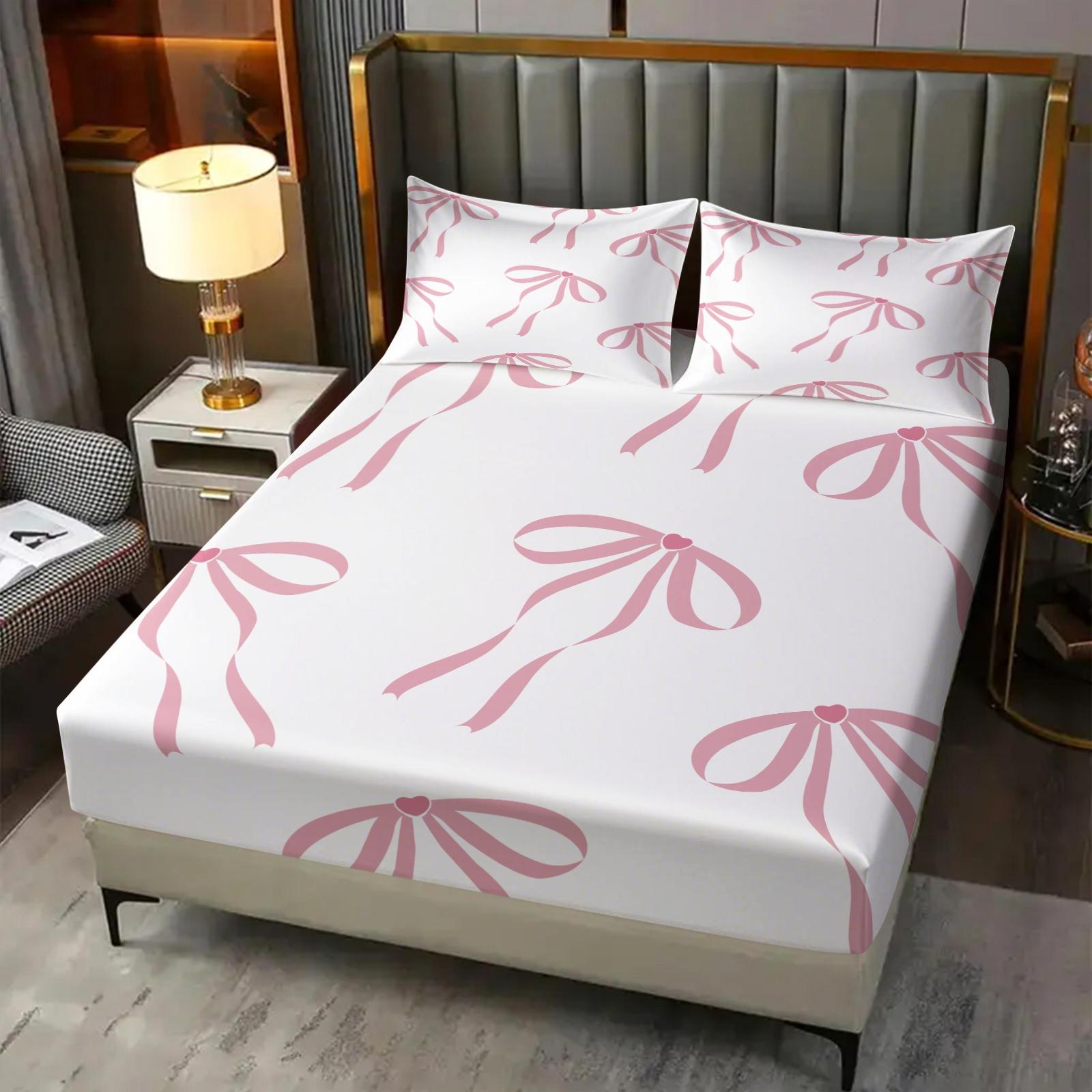 3Pcs Cute Bow Knot Fitted Sheet Set, Fresh Pastel Ribbon Deep Pocket Bed Sheet, Sweet Gift for Girls & Women for Bedroom