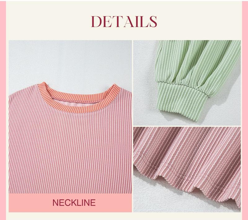 Women's Colorblock Twisted Ribbed Knit Dropped Shoulder Cropped Sweatshirt, Casual Round Neck for Fall Winter, Ladies Daily Wear, Casual Pullover Tops
