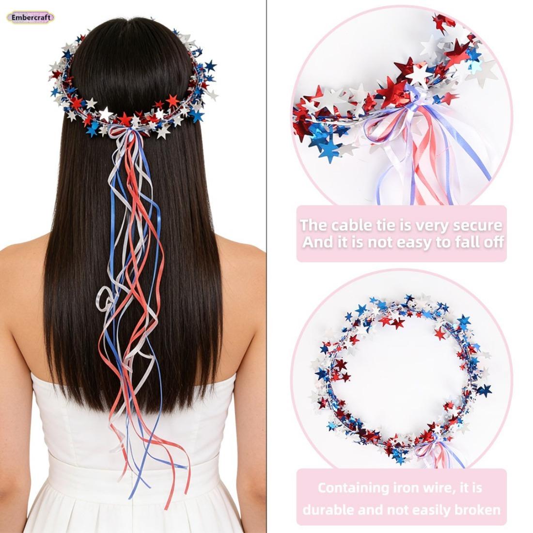 USA 250th Anniversary Star Headband - Patriotic Red-White-Blue Ribbon Wreath, 4th of July Accessories, Sestercentennial Party Favor, Festive Kids' Performance Hair Accessory