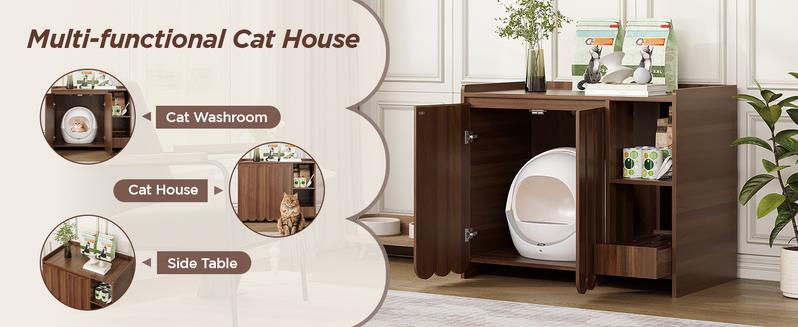 Vabches Large Cat Litter Box Enclosure, Hidden Litter Box Furniture with Removable Litter Collector & Dog-Proof Shelf, Modern Wooden Cat Litter Box Cabinet, Cat House, Side Table