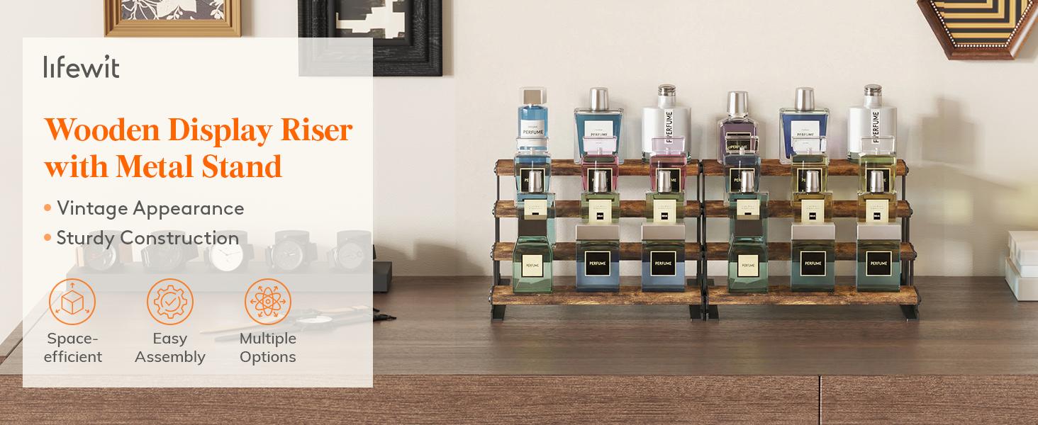 Brown Wooden Step-Tiered Multi-Purpose Storage Rack (9.9x9.3x6.1") - Men's Organizer, Cologne Stand Display, Perfume Display, Side Mount, Easy Installation for Bedroom, Kitchen Countertop (1 Pcs), Metal, Wood & Metal