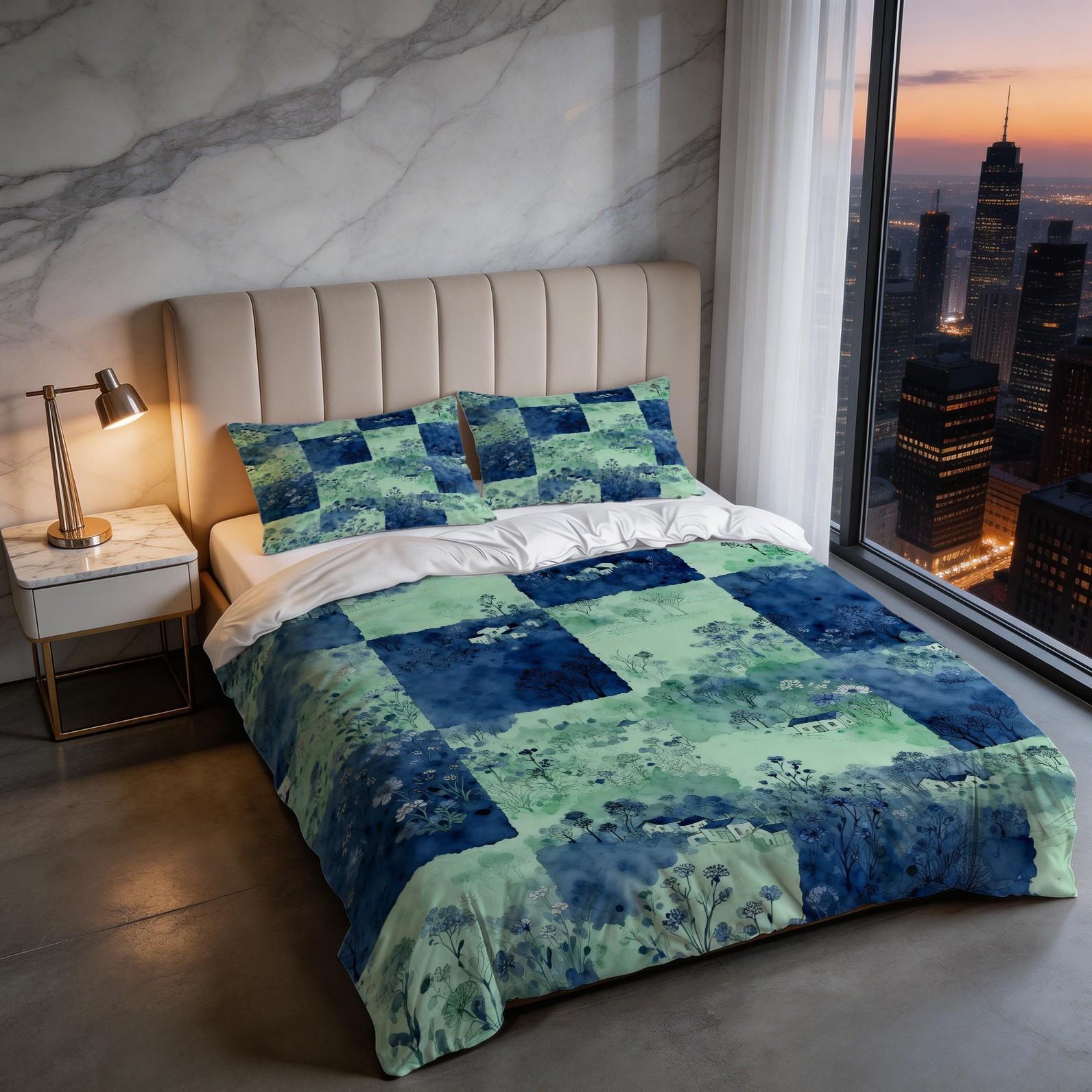 2/3 Pcs Watercolor Landscape Checkered Duvet Cover Set, HD Digital Printed Comforter Cover, Soft Breathable Bedding Set with Zipper & Corner Ties, No Insert, for Bedroom Decor