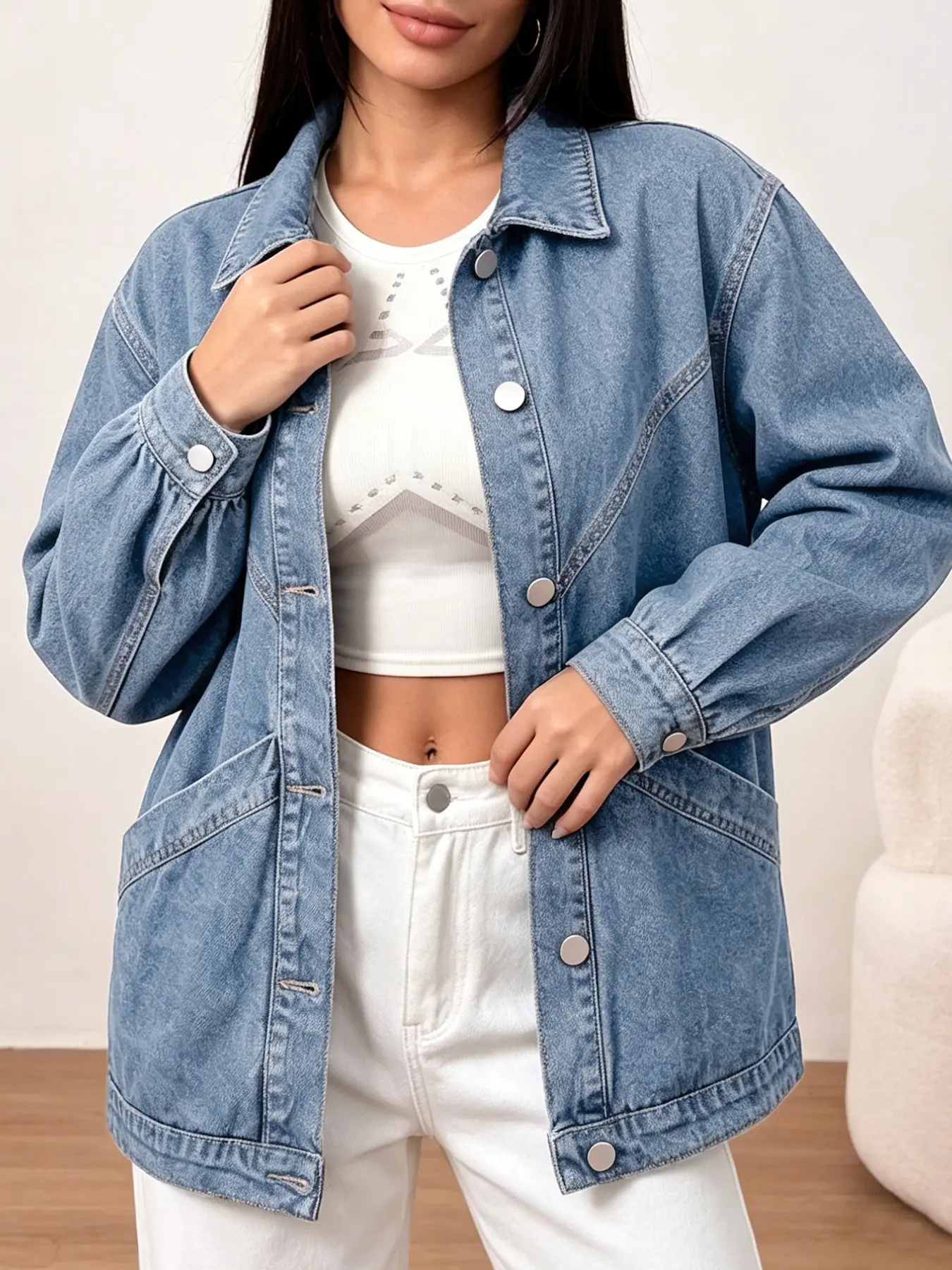 High Street Loose Denim Jacket, Women's Vintage Washed Oversize Coat, American Street Y2K Casual Lapel Long Sleeve Fall Winter Outerwear