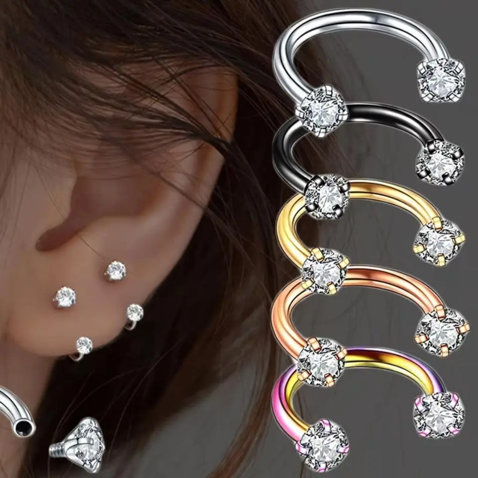2Pcs 6/8/10mm Stainless Steel Zircon Piercings Earrings Horseshoe Ring Piercing Nose Ear Belly Rings Body Jewelry For Women/Men
