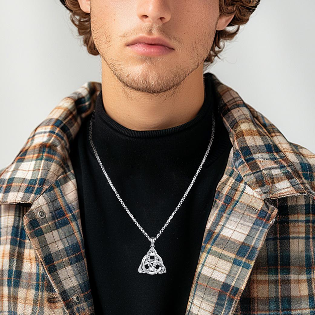 DRINSPER Triquetra Celtic Necklace 925 Sterling Silver Wiccan Jewelry, Celtic Knot Triangle Trinity Pendant, Vintage Viking Celtic Knot with Round Protection Amulet Necklace, Witches Trinity Knot Pendant Gift with Steel Chain For Man Women