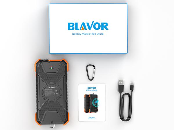 BLAVOR Solar Power Bank QC3.0 Fast Charging 10W Wireless Charger 20000mAh Solar Powered Powerbank with Type C Input/Output, IPX5 Waterproof, Camping Flashlight, Compass, Carabiner