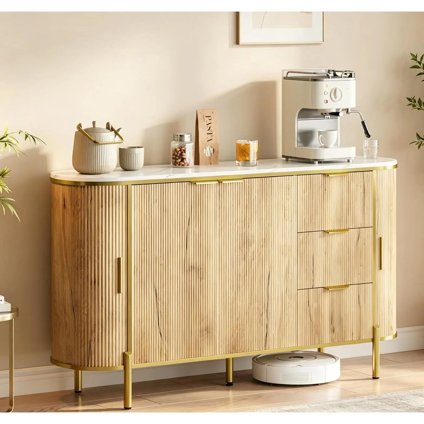 60" Curved Fluted Sideboard Buffet Cabinet, Faux Marble Top for Dining Room